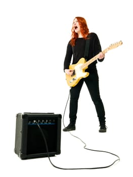 Female Guitar player isolated on white background