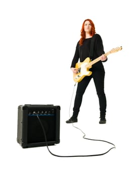 Female Guitar player isolated on white background