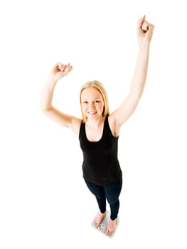 Young Girl on weight scale isolated on white background