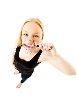 Girl with a Magnifying Glass in front of her mouth