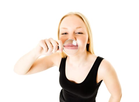 Girl with a Magnifying Glass in front of her mouth