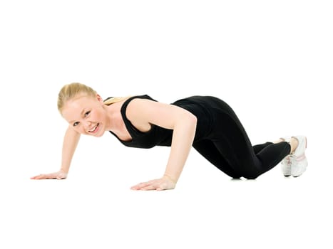 Young woman doing aerobics isolated on white background
