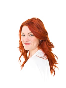 Woman with red hair isolated on white background