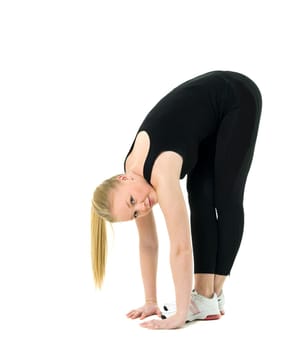 Young woman doing aerobics isolated on white background