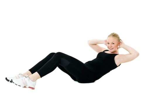 Young woman doing aerobics isolated on white background
