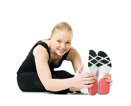 Young blond woman working out isolated on white background