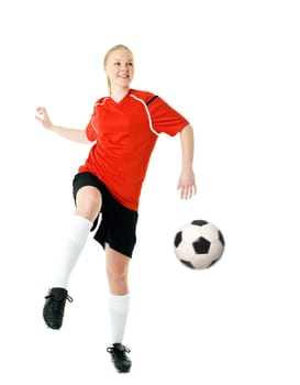 Blond soccer woman isolated on white background