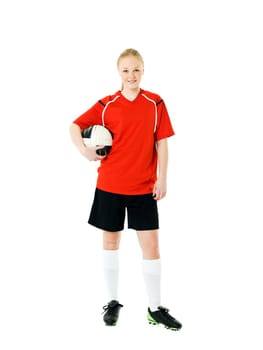 Blond soccer woman isolated on white background