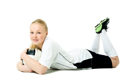 Blond soccer woman isolated on white background