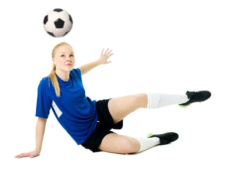 Blond soccer woman isolated on white background
