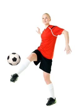 Blond soccer woman isolated on white background