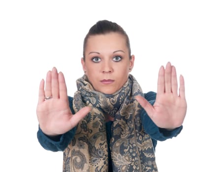 Young woman showing stop