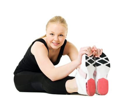 Young blond woman working out isolated on white background