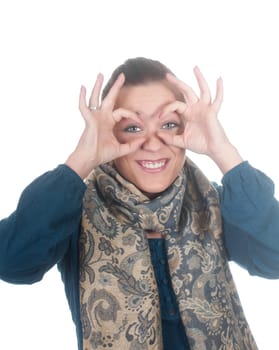 Young woman showing binoculars