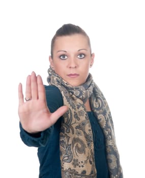 Young woman showing stop