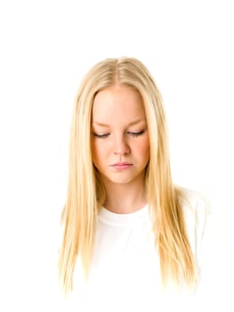 Portrait of a blond woman isolated on white background