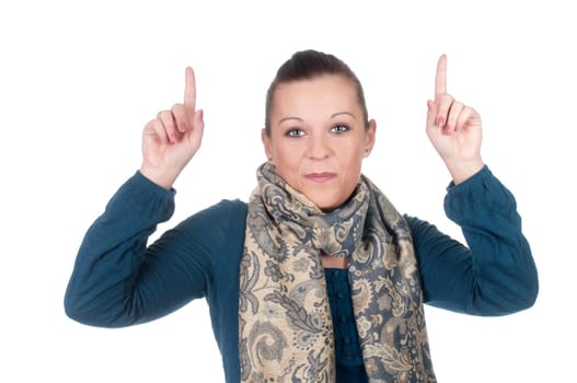 Young woman pointing up