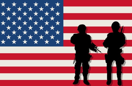 Armed soldiers silhouettes over american flag background