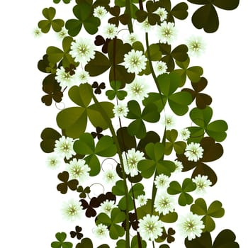 Clover leaves and flowers seamless tile on white.