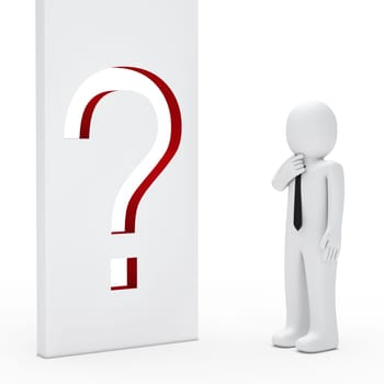 Businessman stand for a question mark wall
