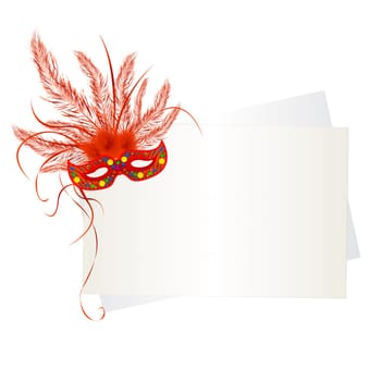 Mardi Gras mask and card on white background