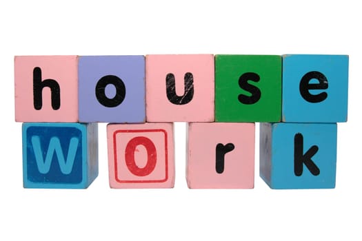 toy letters that spell housework against a white background with clipping path