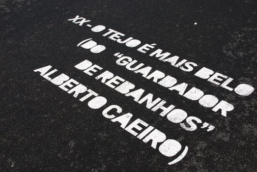 LISBON - MARCH 24: new leisure infrastructure along the Tagus river with a famous quote from Fernando Pessoa (Alberto Caeiro) on March 24, 2011 - Lisbon, Portugal