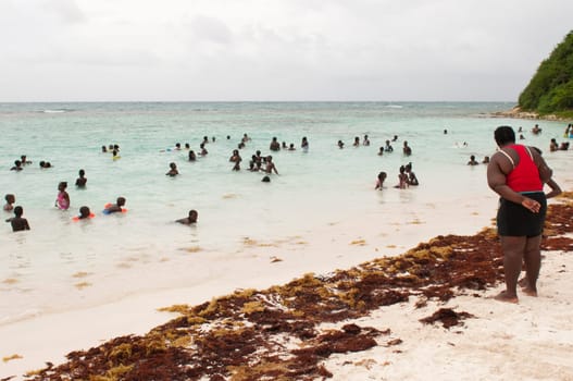 LONG BAY, WILLIKIES - AUGUST 20 2011: teacher as lifeguard at the beach with many children having a good time on August 20, 2011 in Long Bay, ANTIGUA