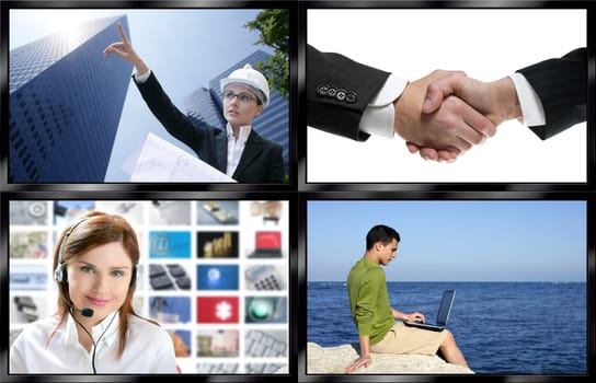 Black frame television multiple screen wall with business concepts