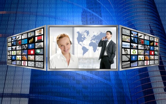 Three screen monitor, business world tech communication
