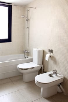 bathroom with bath toilet and bidet window natural light cream color