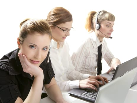 Three businesswoman helpdesk isolated on white studio background