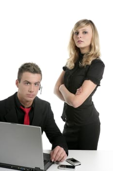 Young business couple dress in black with laptop isolated on white