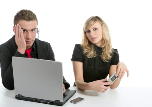 Portrait of businesspeople with laptop, businessman and businesswoman