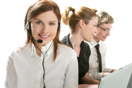 Business helpdesk with beautiful woman and headphones micro