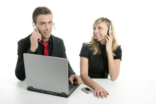 Young business couple dress in black with laptop isolated on white