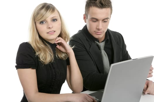 Businesspeople couple with laptop on table, isolated on white
