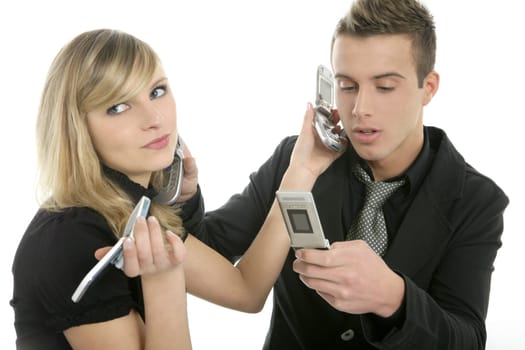 Stress with phone calls between a business couple with many telephones