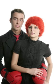 Business people couple, the boxer man and the orange wig woman