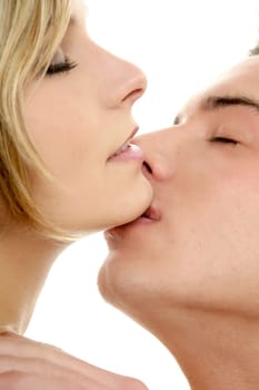 Kiss over white, young passion heterosexual couple