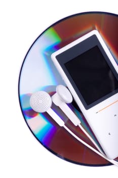 Modern MP3 player and CD disk on a white background. Close up.