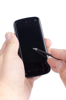 Modern mobile phone in a man&#039 s hand on a white background.