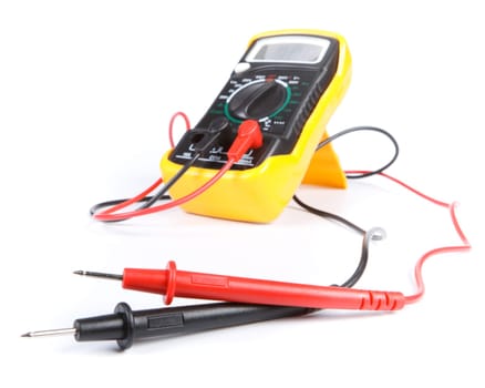 Digital yellow multimeter on a white background.