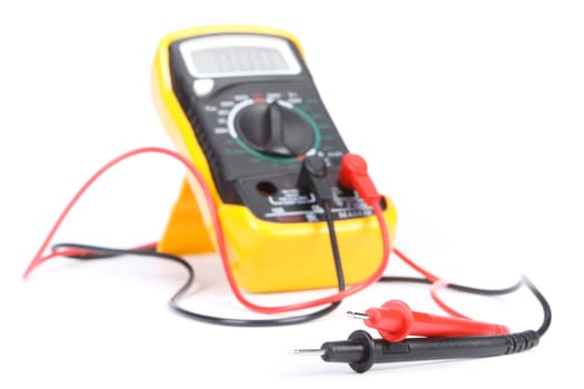 Digital yellow multimeter on a white background.