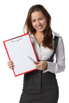 The beautiful blonde shows a blank clipboard on white a background