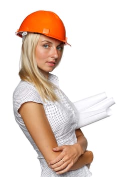 Young smiling female architect in a hard hat on a white background