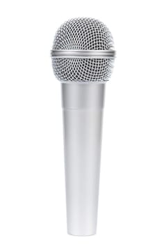 Silver microphone on a white background.