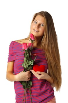The beautiful girl with red heart and roses on a white background.