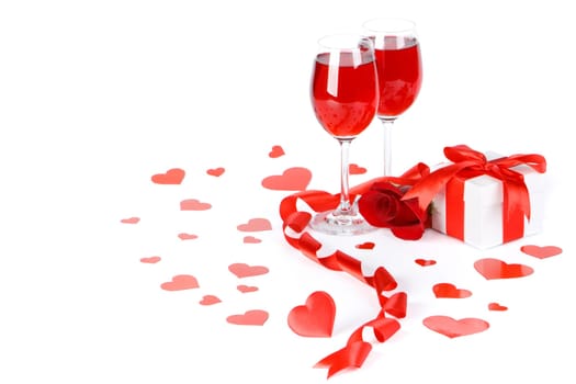 Gift box and rose on a white background. Valentine&#039 s day card.