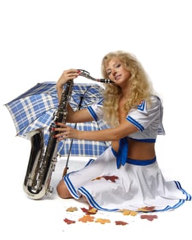 Girl with saxophone on a white background
